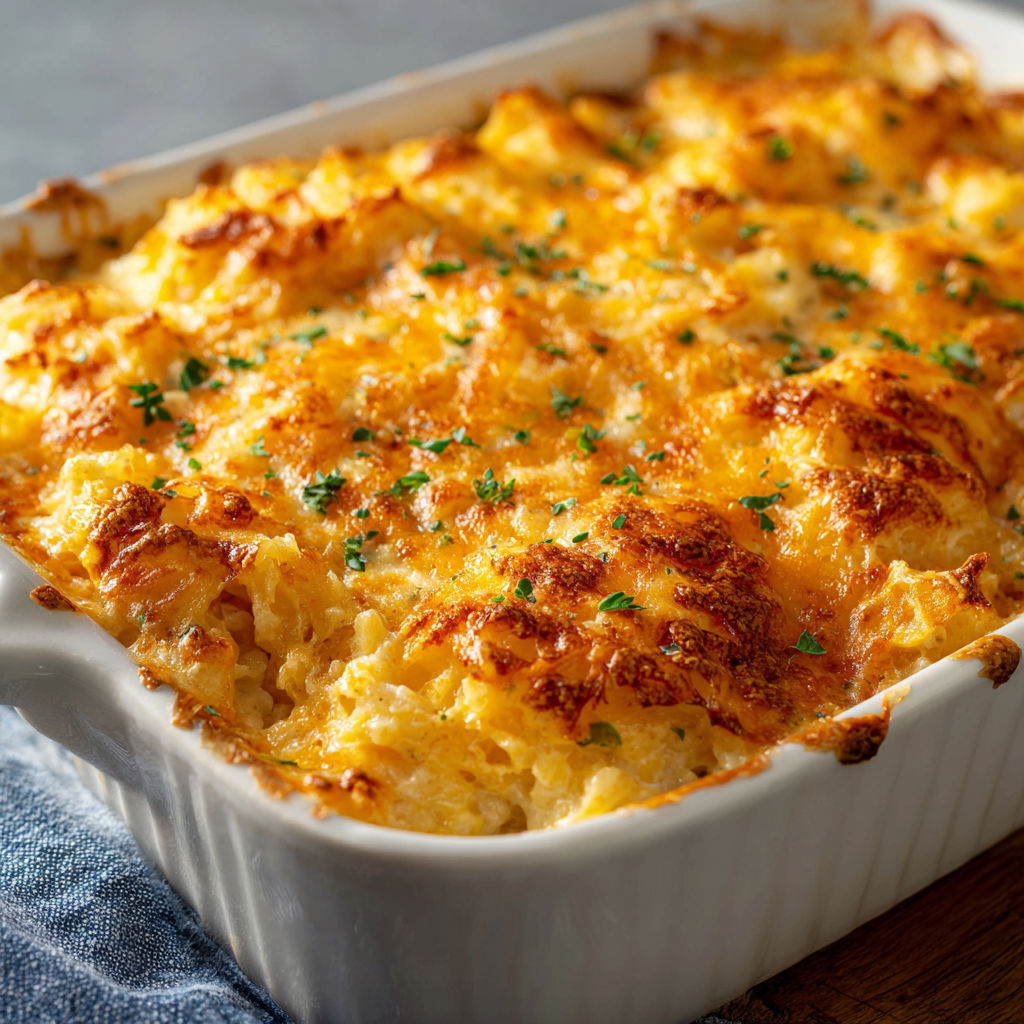 A white dish filled with a cheesy, baked casserole.