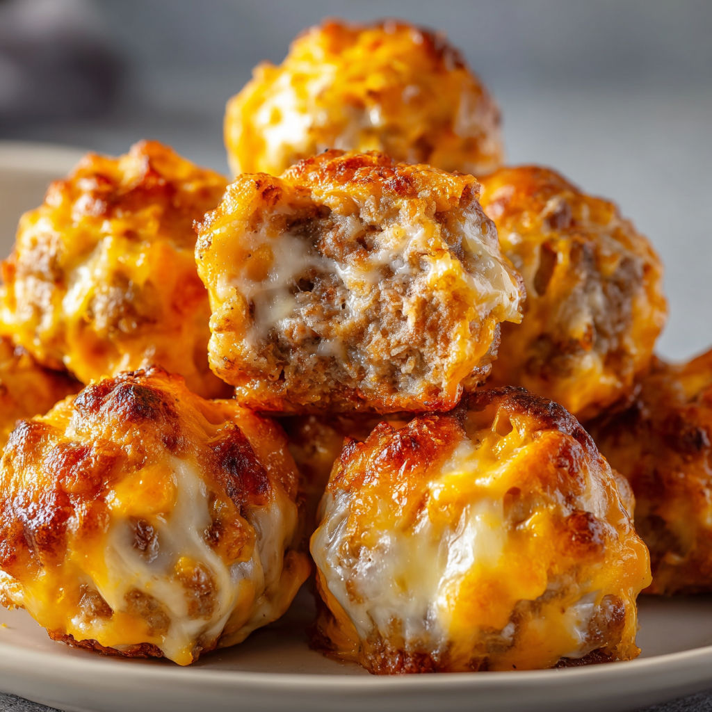 A plate of cheesy meatballs on a table.