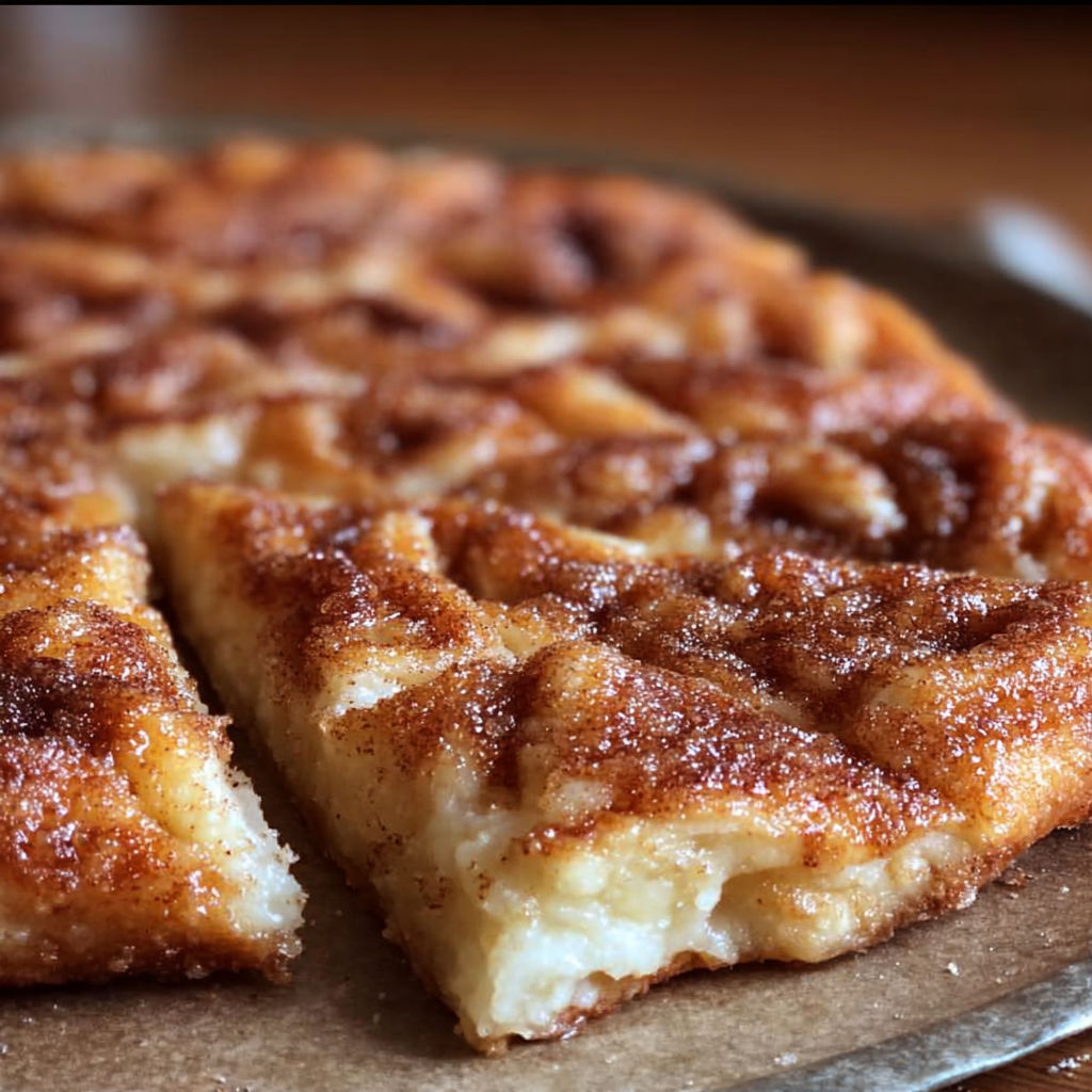 A slice of cinnamon-sugar pizza made with crescent rolls.