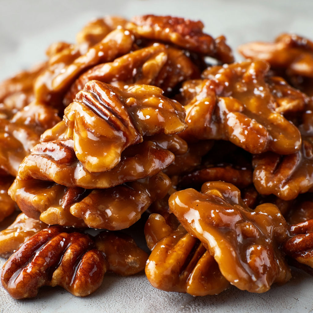 A close up of a delicious pecan pie with a drizzle of caramel sauce.