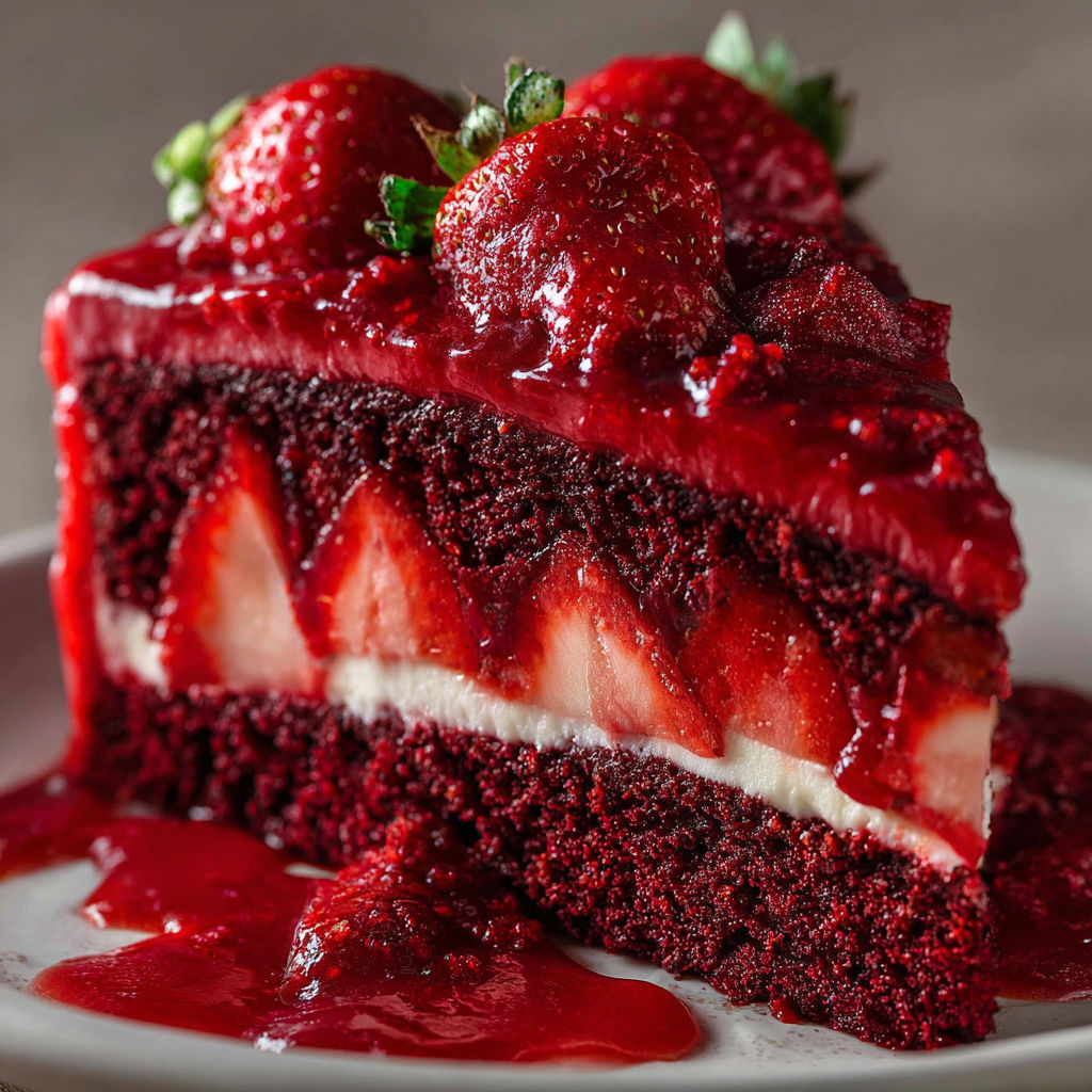 A slice of Red Velvet Strawberry cake with strawberries on top.