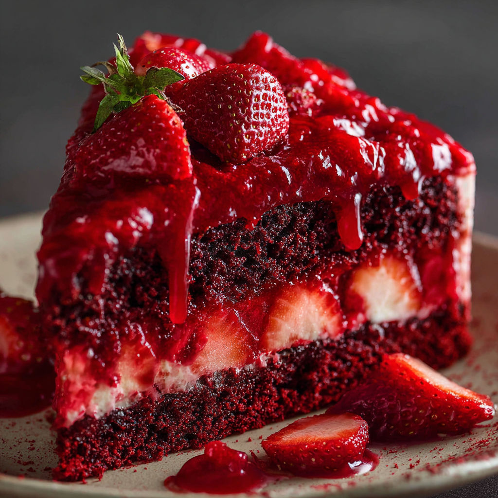 A slice of red velvet cake with strawberries on top.
