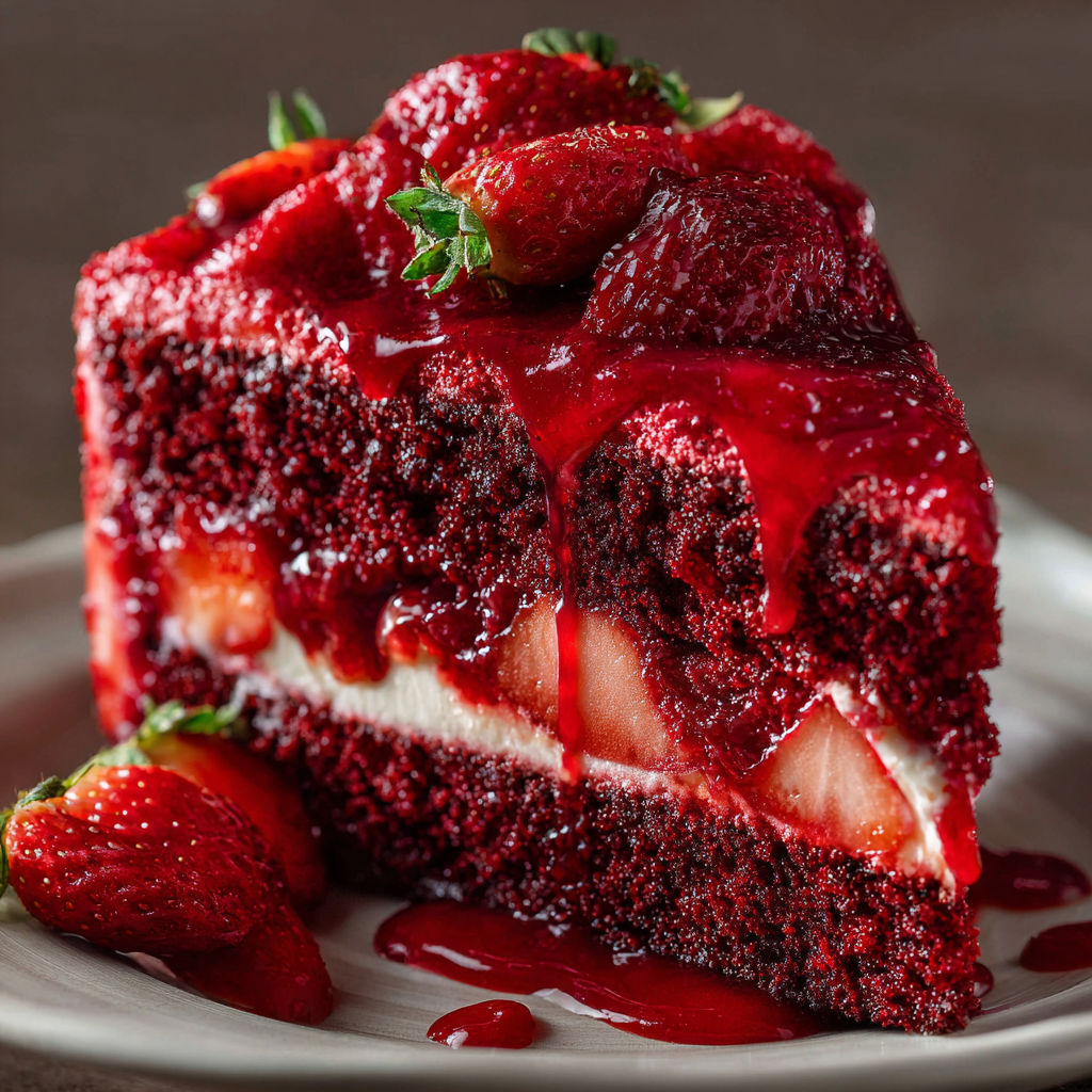 A slice of red velvet cake with strawberries and raspberry sauce.