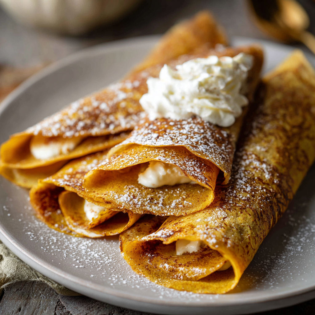 A plate of delicious crepes with whipped cream and powdered sugar.