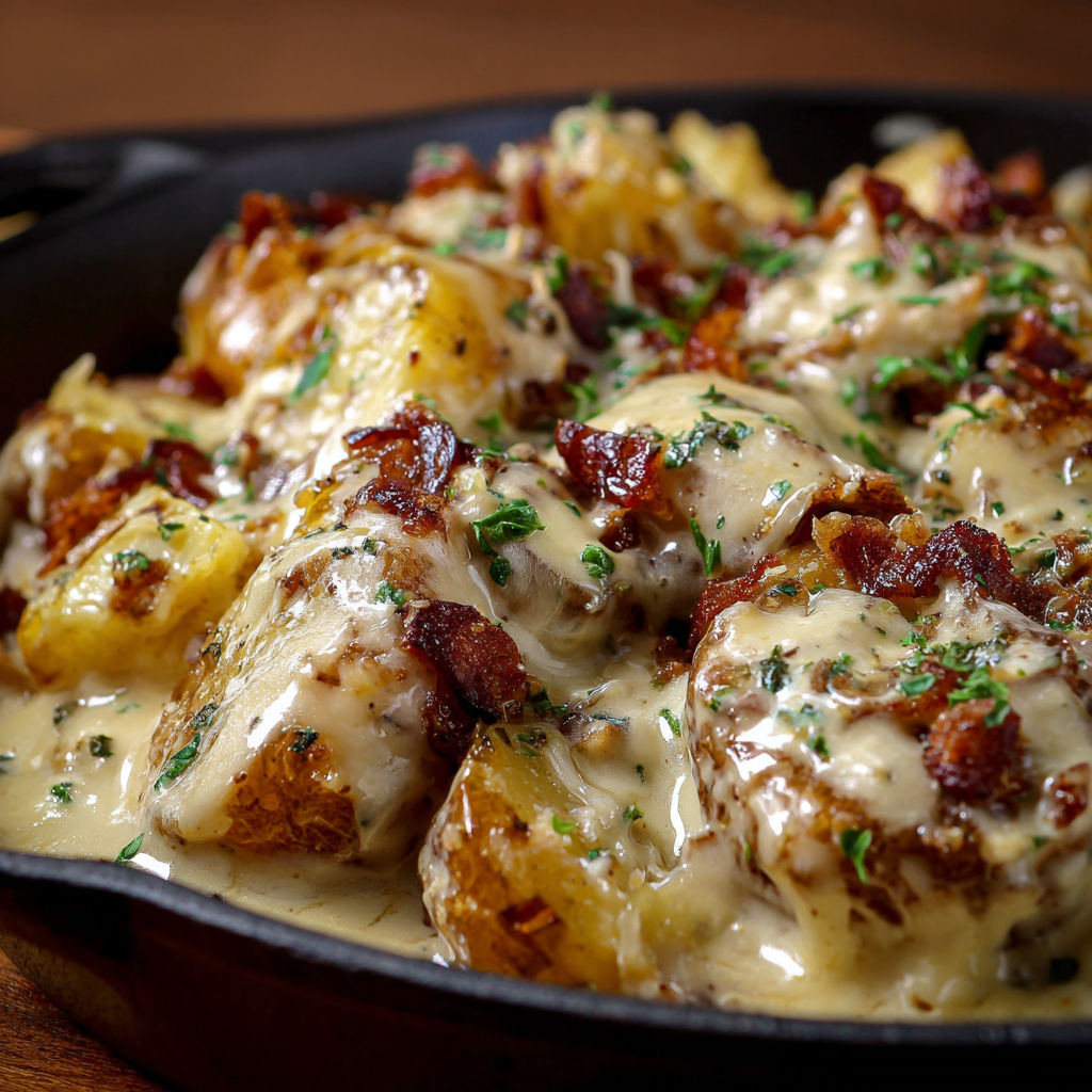 A delicious dish of Mississippi Mud Potatoes, cooked in a cast iron skillet and topped with cheese and bacon.