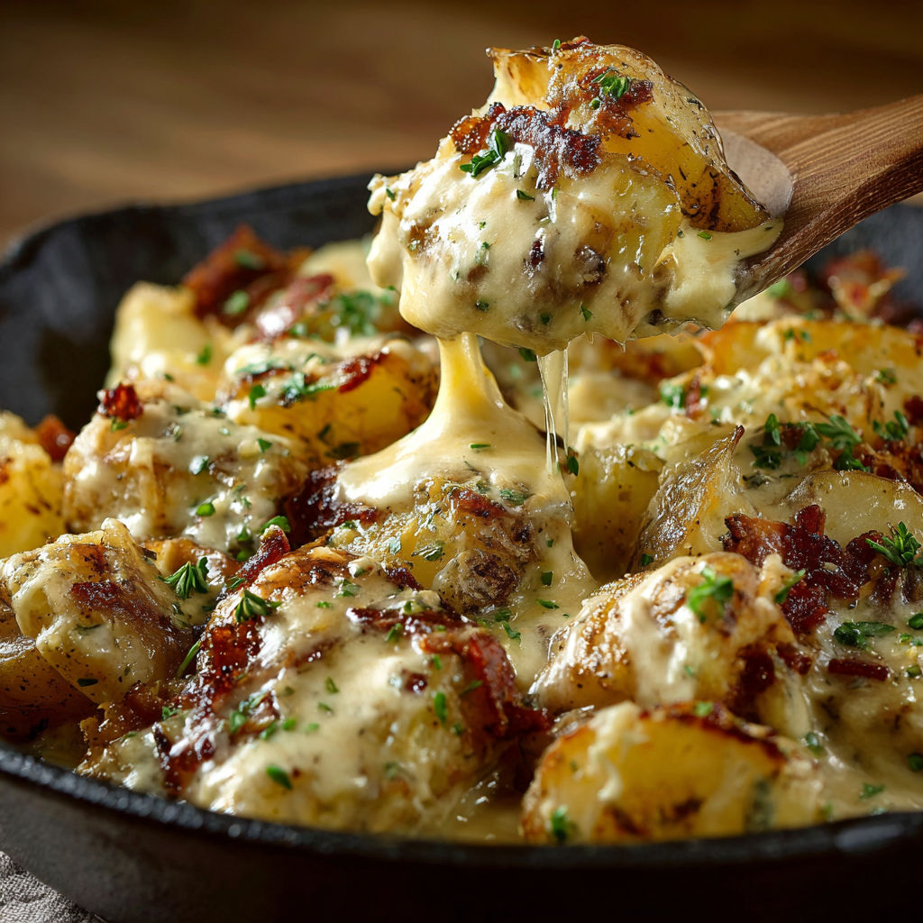 A delicious Mississippi Mud Potatoes Recipe is being prepared in a skillet.