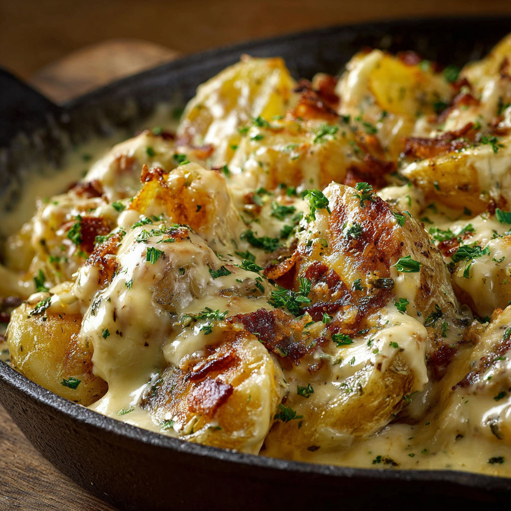 A delicious Mississippi Mud Potatoes dish is served in a black skillet.