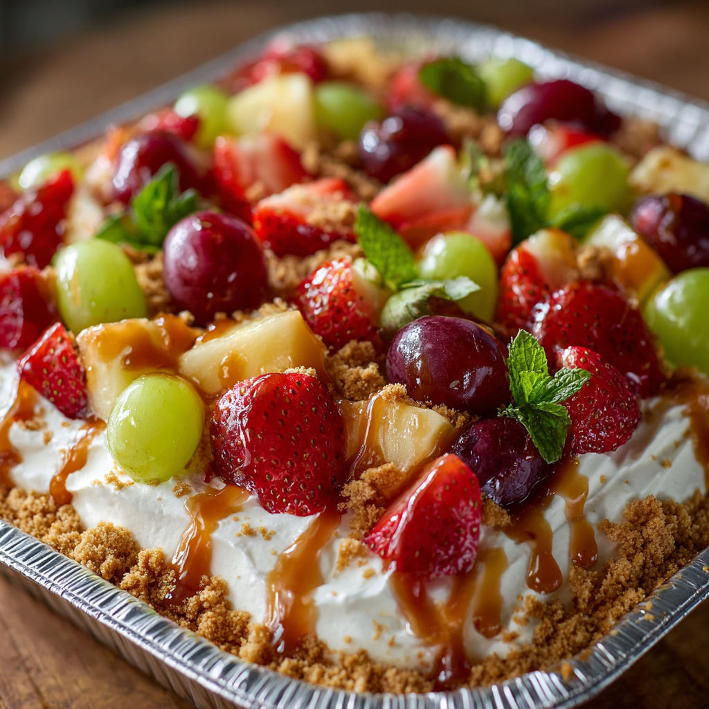 A delicious dessert in a tin foil pan, topped with whipped cream and fruit.
