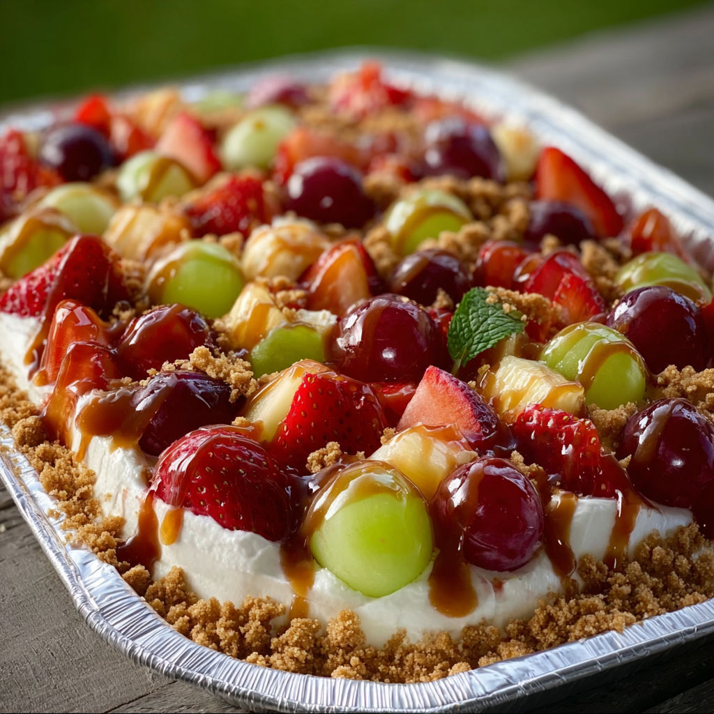 A delicious dessert in a tin foil pan, topped with strawberries, grapes, and whipped cream.
