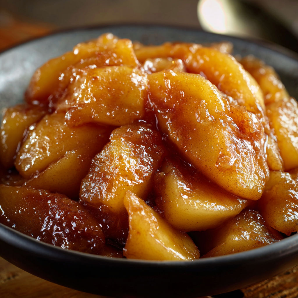 A bowl of apples with a sauce on top, likely a Cracker Barrel Fried Apples recipe.