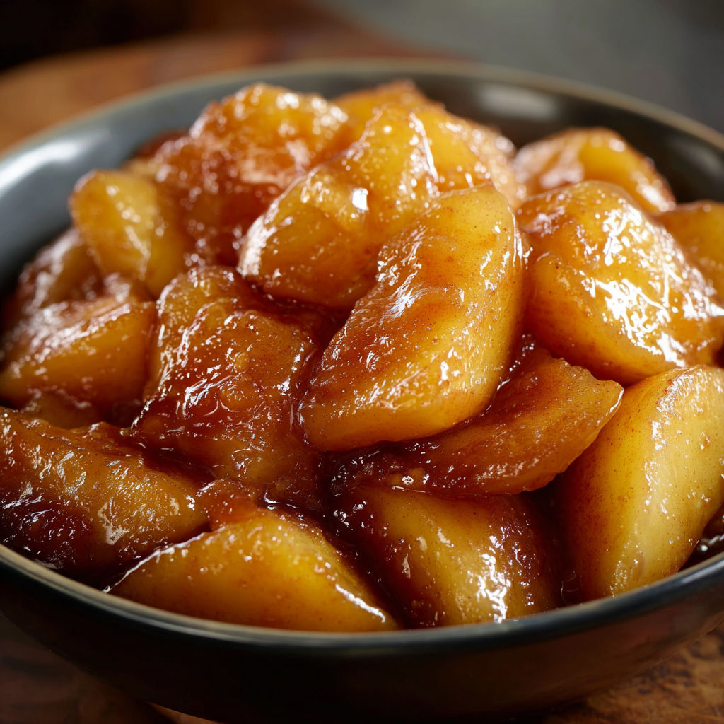 A bowl filled with sliced apples and a sauce, possibly caramel, is placed on a wooden table.