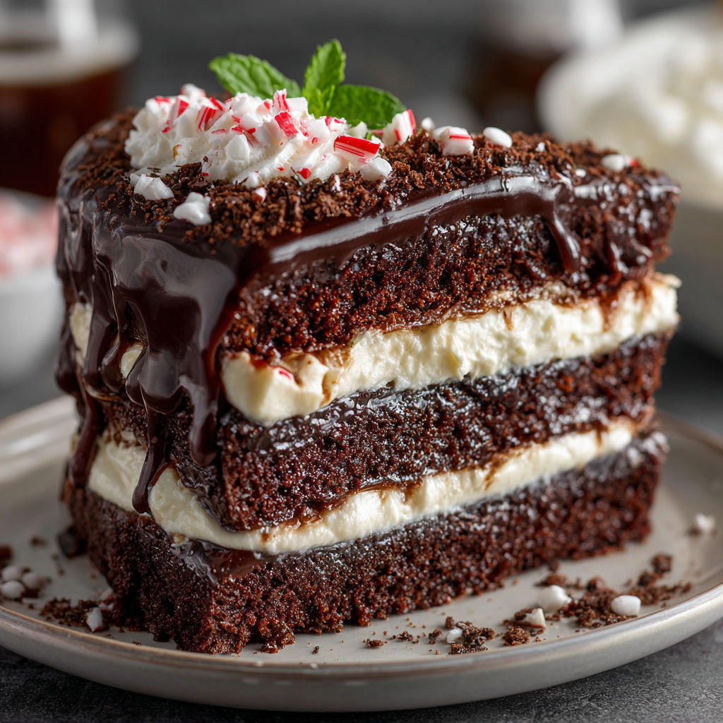 A slice of Coca-Cola Fudge Layer Cake with white frosting and chocolate drizzle.