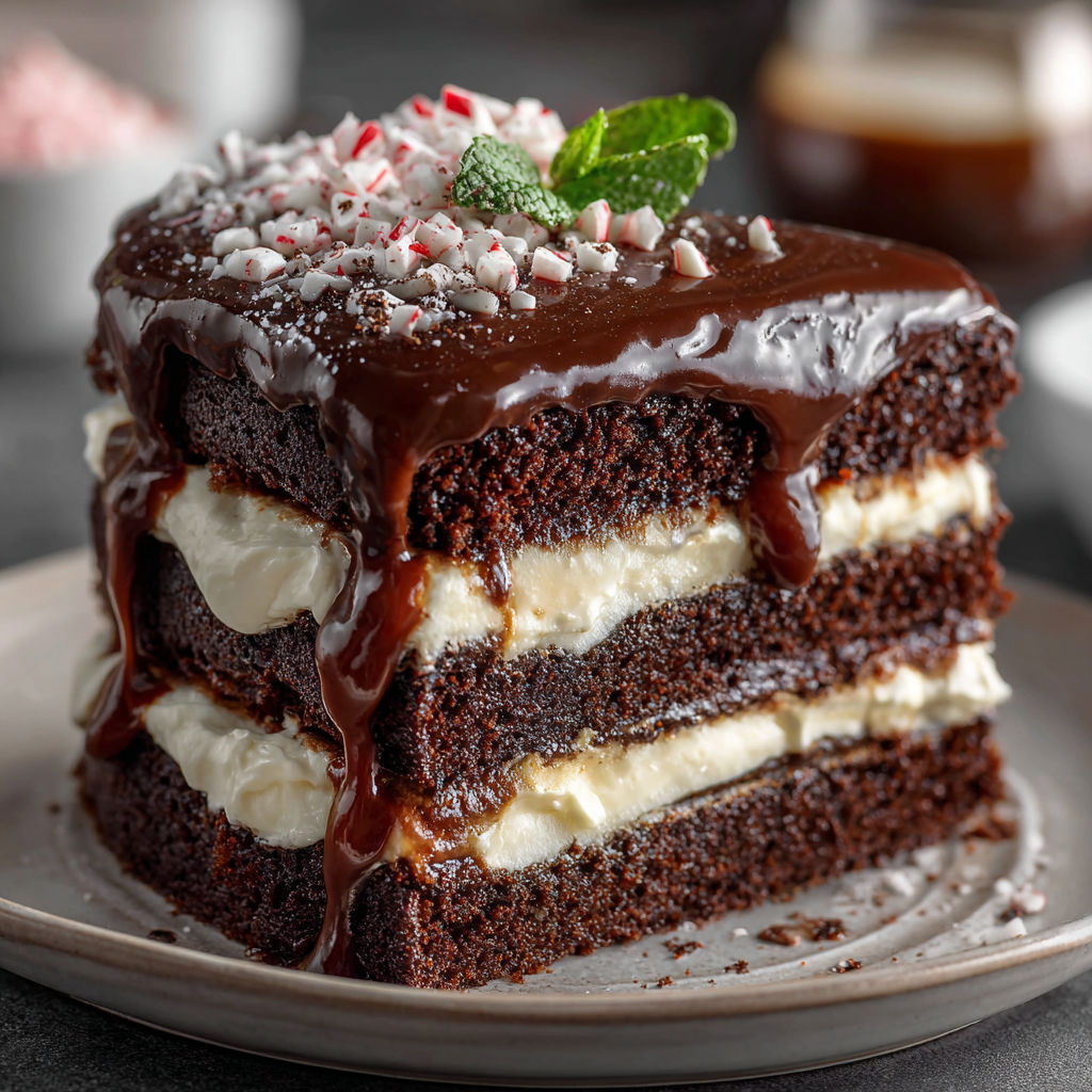 A slice of Coca-Cola Fudge Layer Cake with chocolate frosting and white cream.