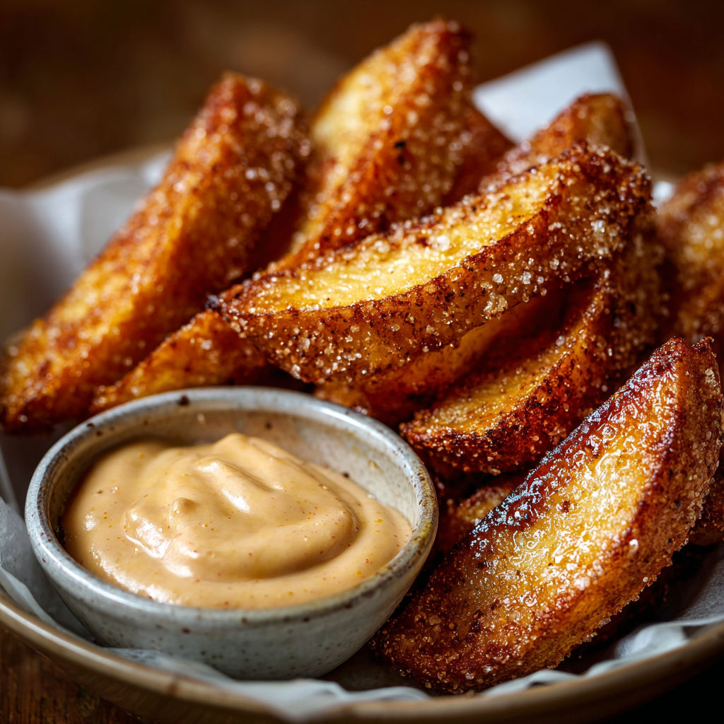 A delicious treat of air fried apple wedges with a caramel whipped cream dipping sauce.