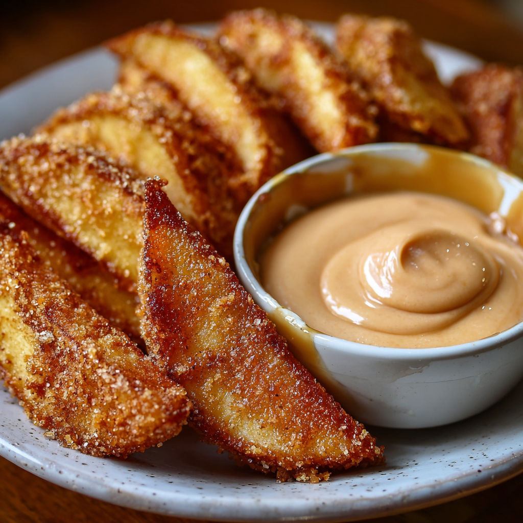 A plate of air fried apple wedges with a caramel whipped cream dipping sauce.