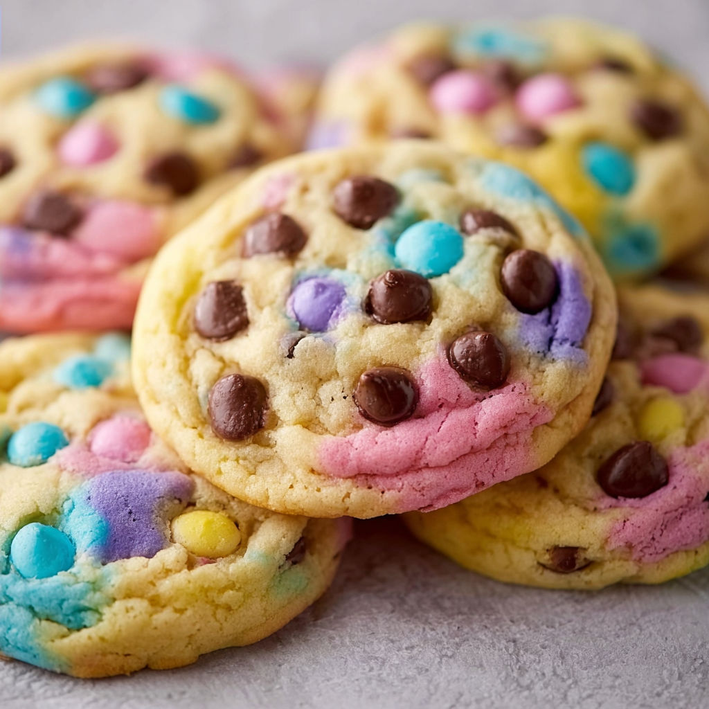 A close up of a colorful cookie with chocolate chips and rainbow sprinkles.