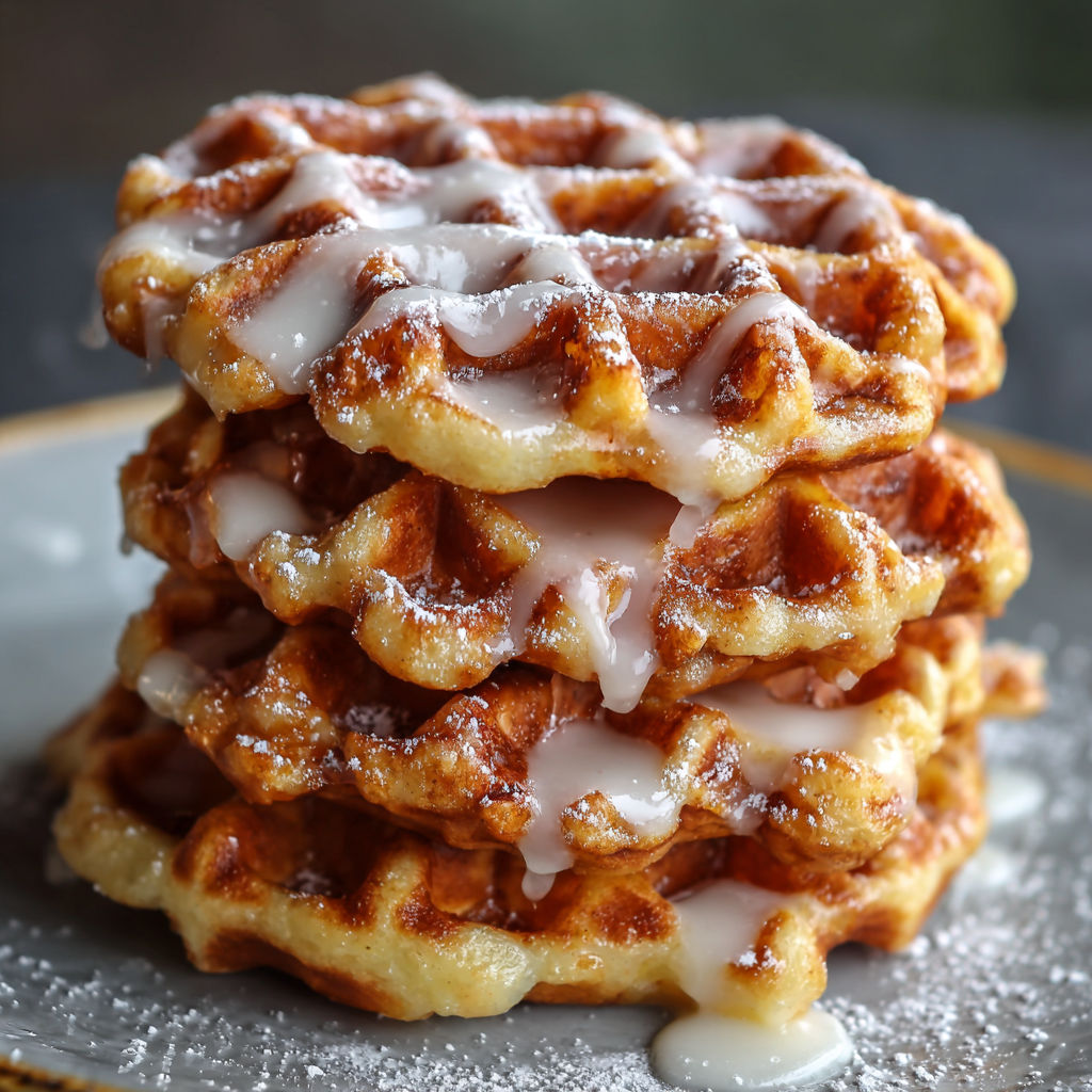 A stack of Apple Fritter Waffle Donuts with icing drizzled on top.