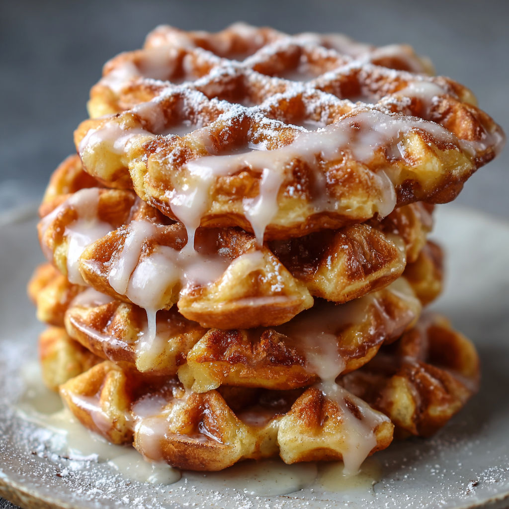A stack of Apple Fritter Waffle Donuts with a glaze drizzle on top.