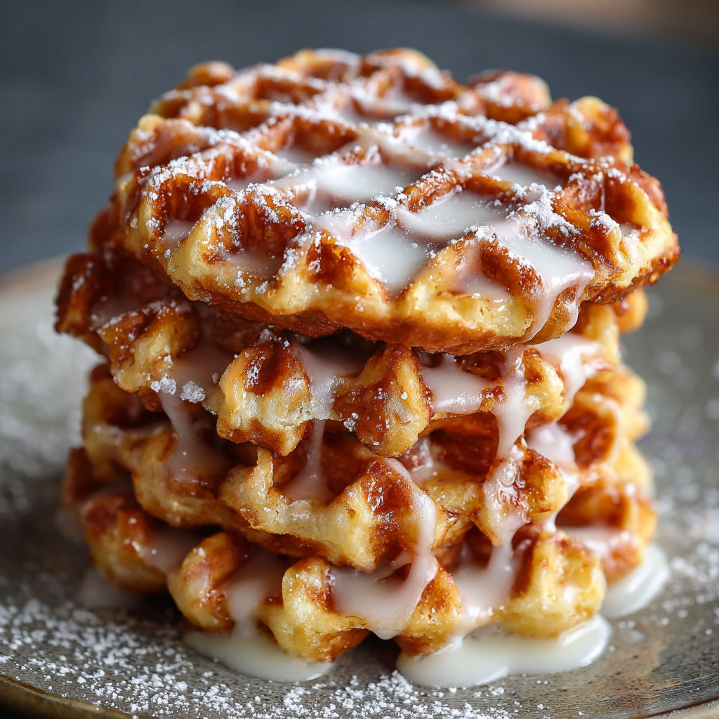 A stack of Apple Fritter Waffle Donuts with a glaze drizzle.