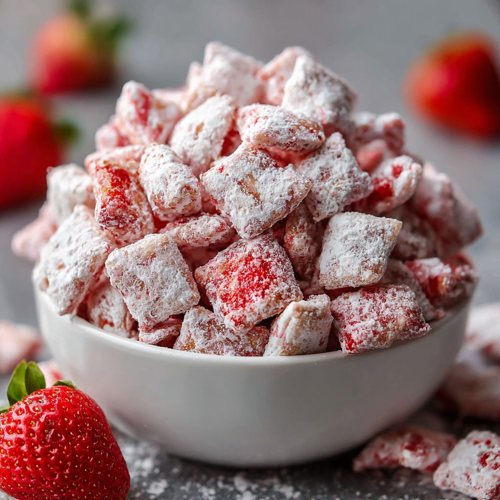 A bowl filled with Strawberry Shortcake Puppy Chow, topped with strawberries.
