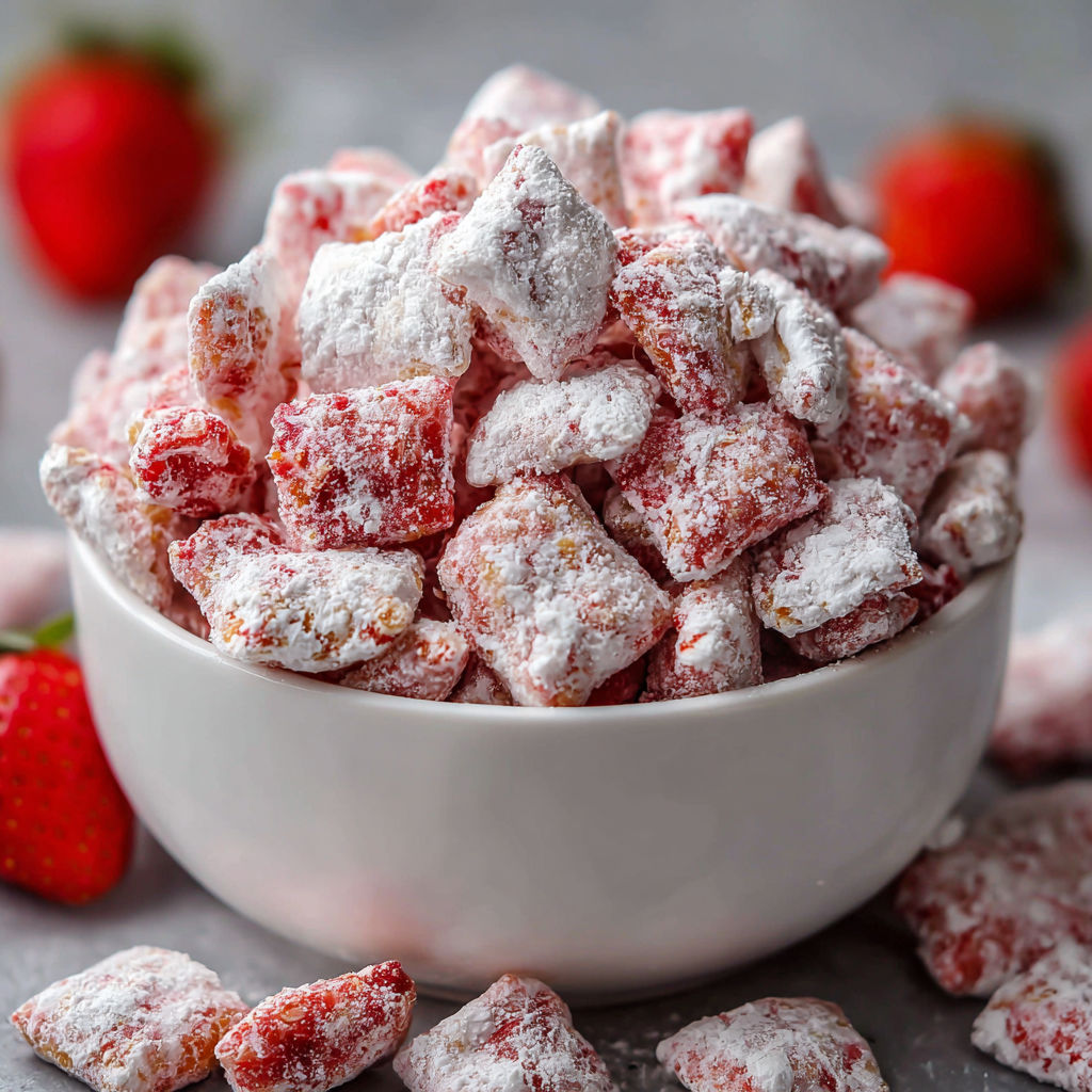 A bowl filled with a mixture of strawberries and white powdered sugar, possibly a dessert or snack.
