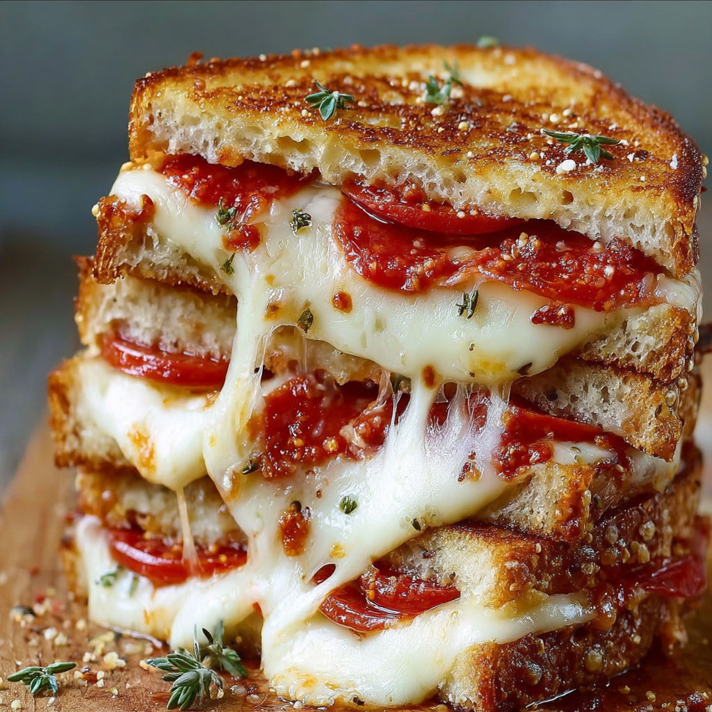 A stack of grilled cheese sandwiches with tomato sauce and cheese on top.