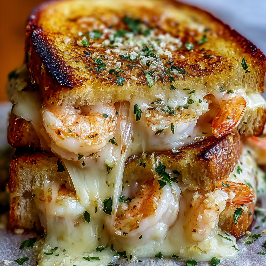 A close up of a delicious Shrimp Grilled Cheese with Garlic Bread.