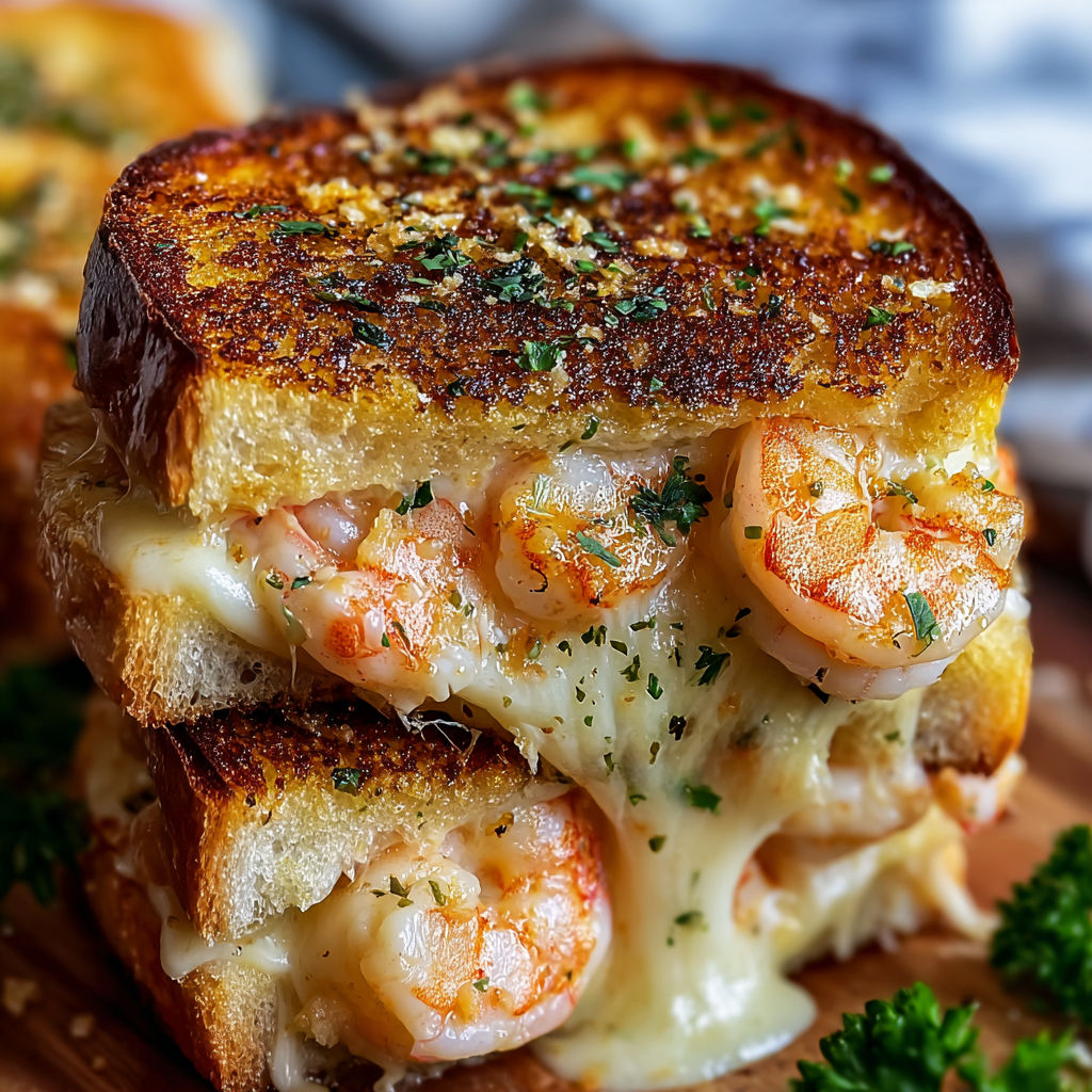 A close up of a Shrimp Grilled Cheese with Garlic Bread sandwich.