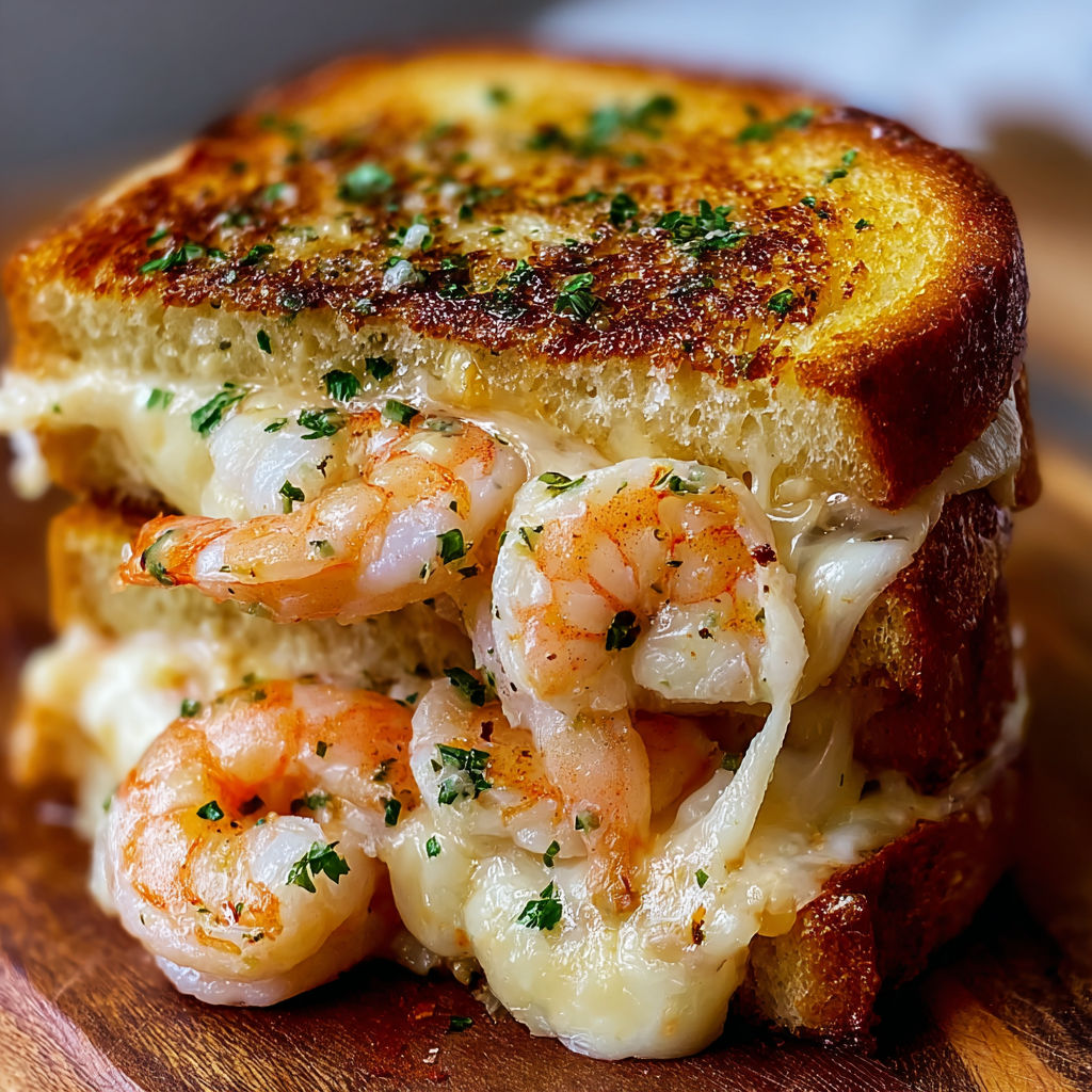 A delicious Shrimp Grilled Cheese with Garlic Bread sandwich is presented on a wooden cutting board.