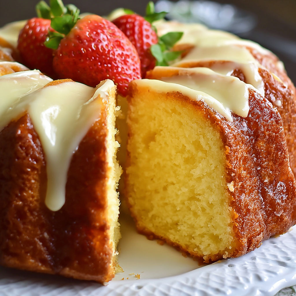 A slice of cream cheese pound cake with strawberries on top.