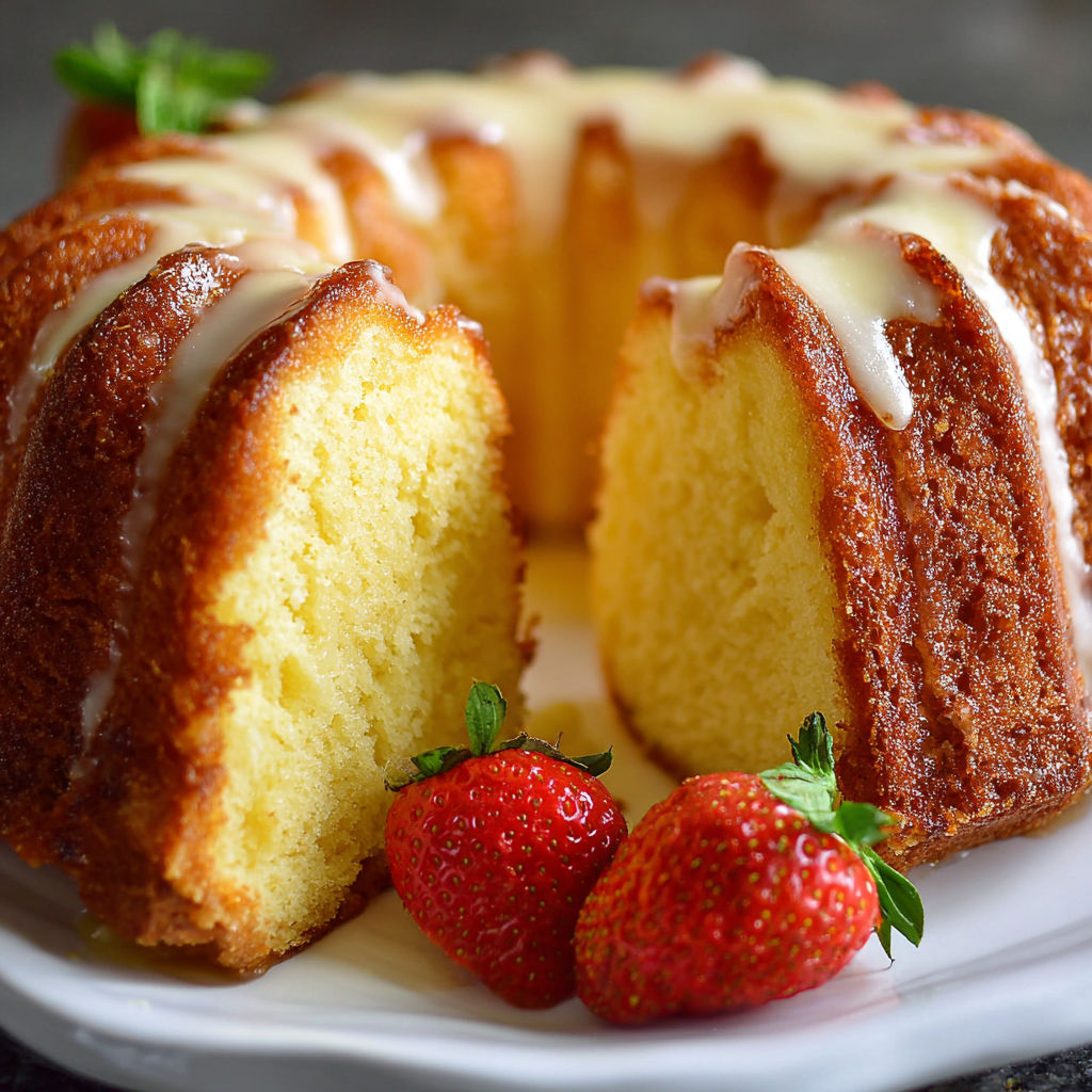 A slice of cake with strawberries on top is displayed on a plate.