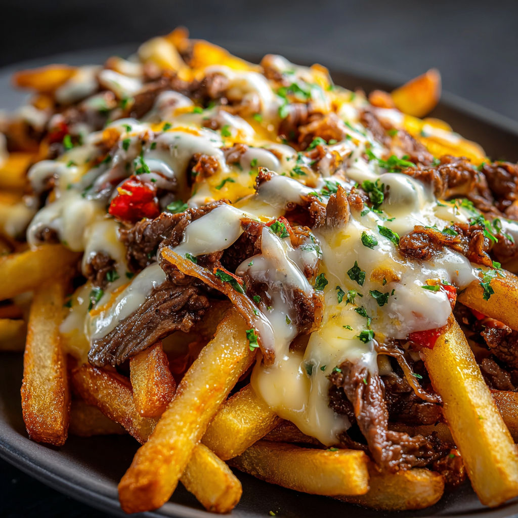 A plate of Philly Steak Cheese Fries, topped with cheese and garnished with herbs.