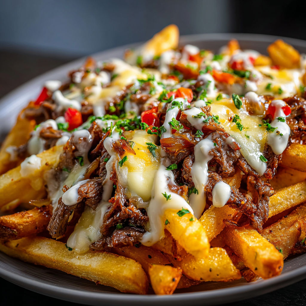 A delicious meal of beef and cheese covered fries with a side of ranch dressing.