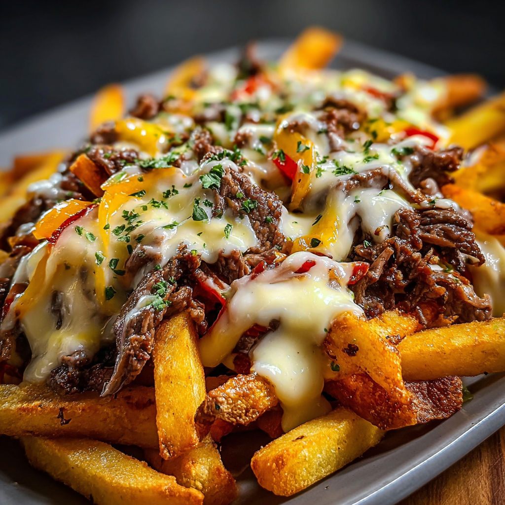 A delicious cheese and beef covered french fries dish.
