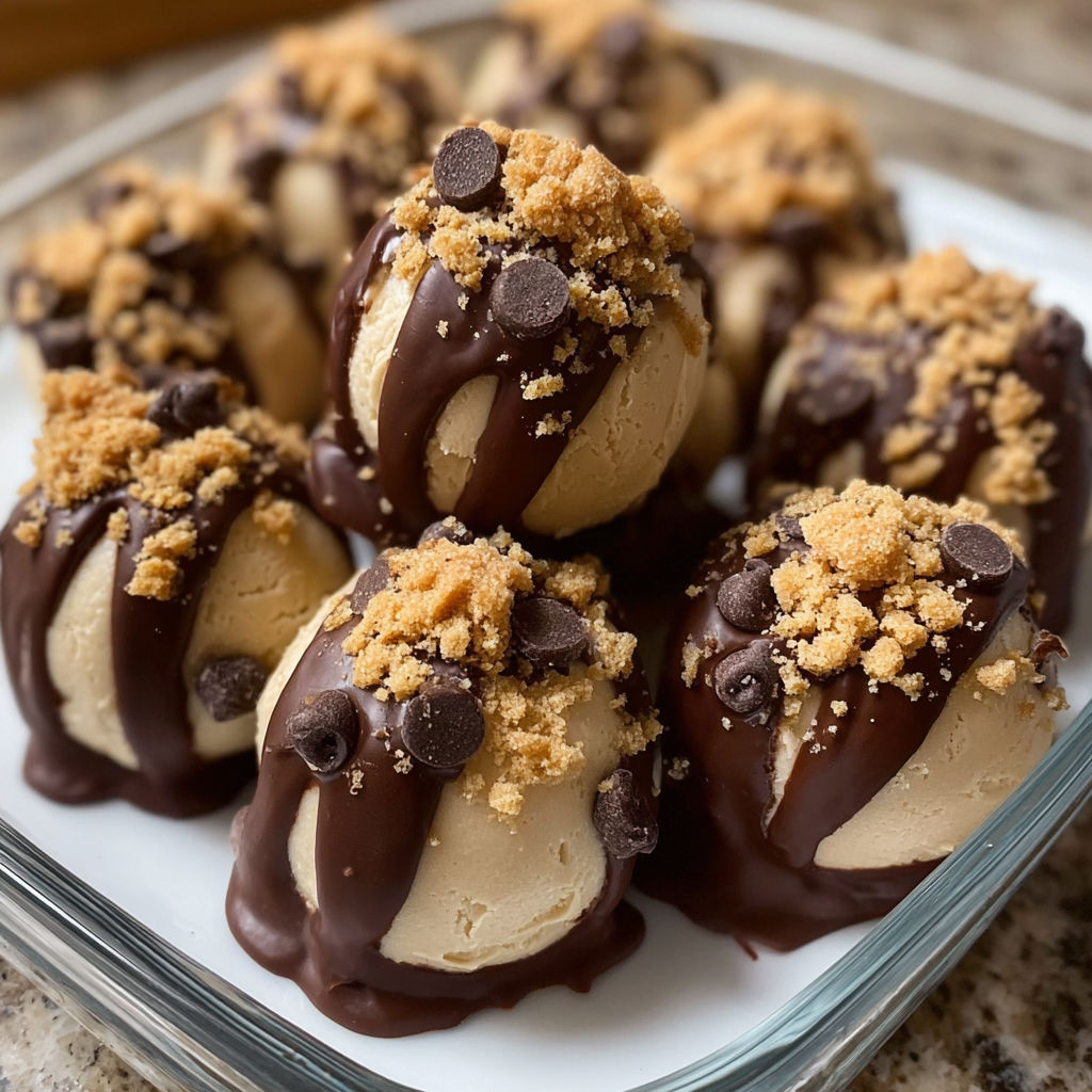 A plate of chocolate covered peanut butter balls with chocolate drizzle.