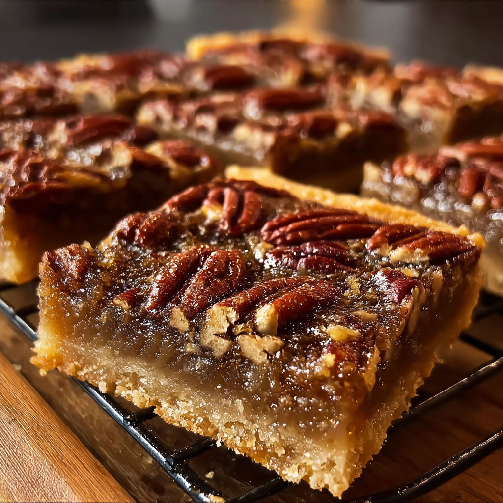 A slice of pecan pie on a wire rack.