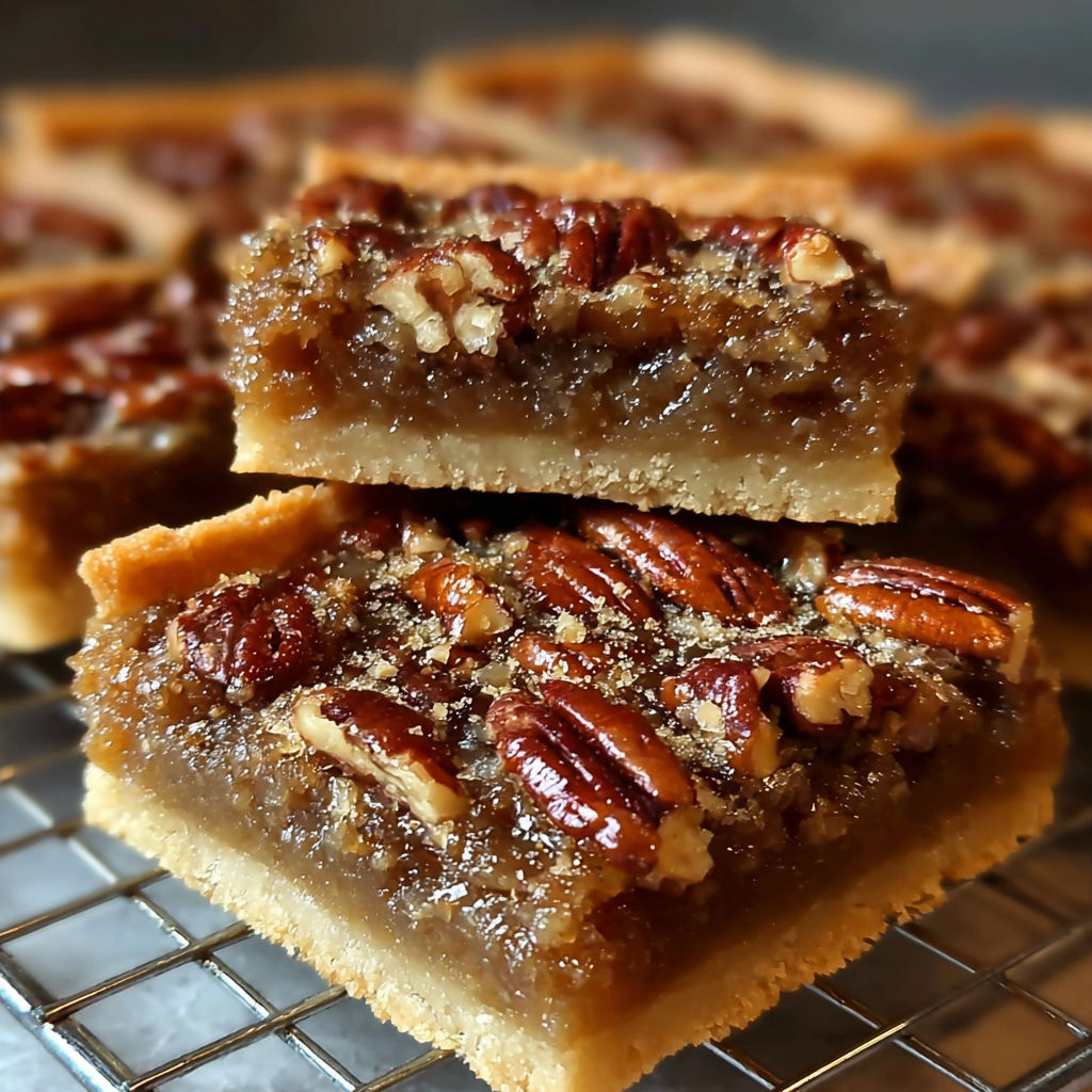A close-up of a delicious dessert, likely a pecan pie, with a slice cut out to reveal the gooey filling.