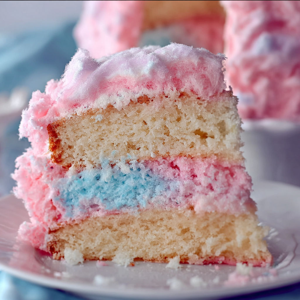 A slice of Cotton Candy Cake is displayed on a plate.
