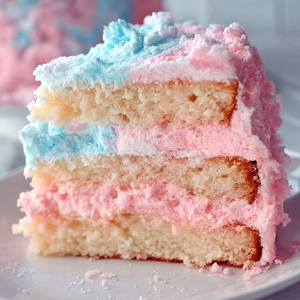 A slice of Cotton Candy Cake on a plate.