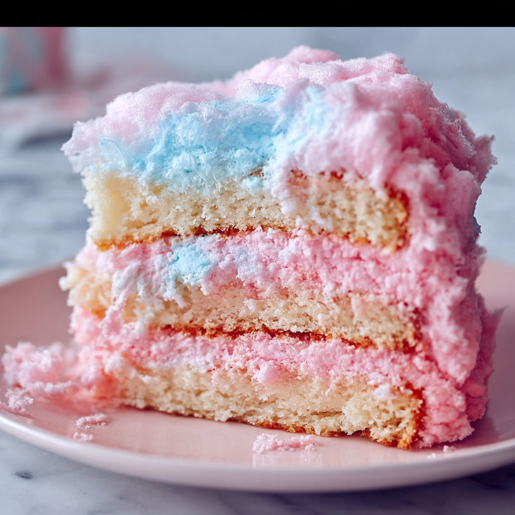 A slice of Cotton Candy Cake is displayed on a plate.