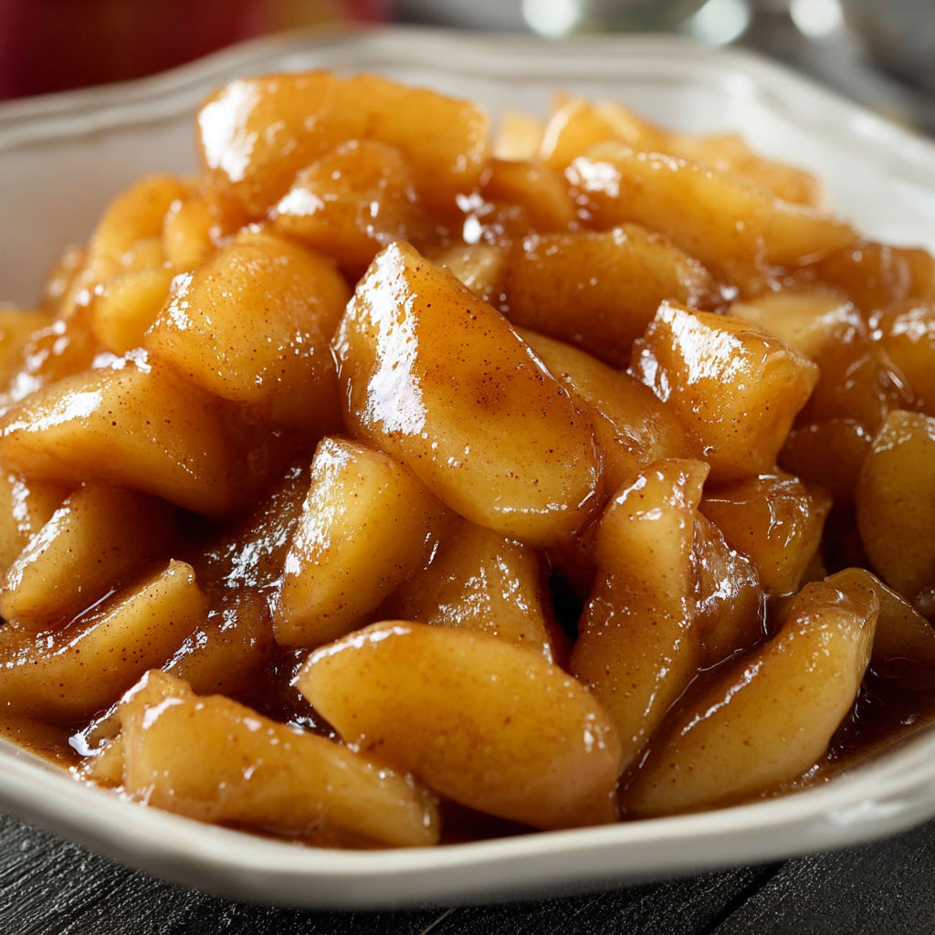 A plate of fried apples with a brown sauce on top.