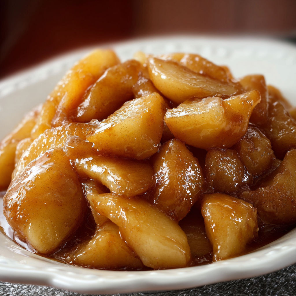 A white plate filled with a delicious dessert made from apples and caramel.