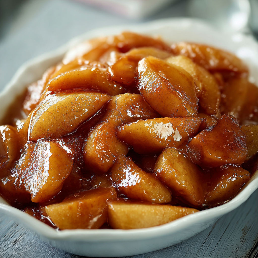 A white bowl filled with a delicious apple dessert.