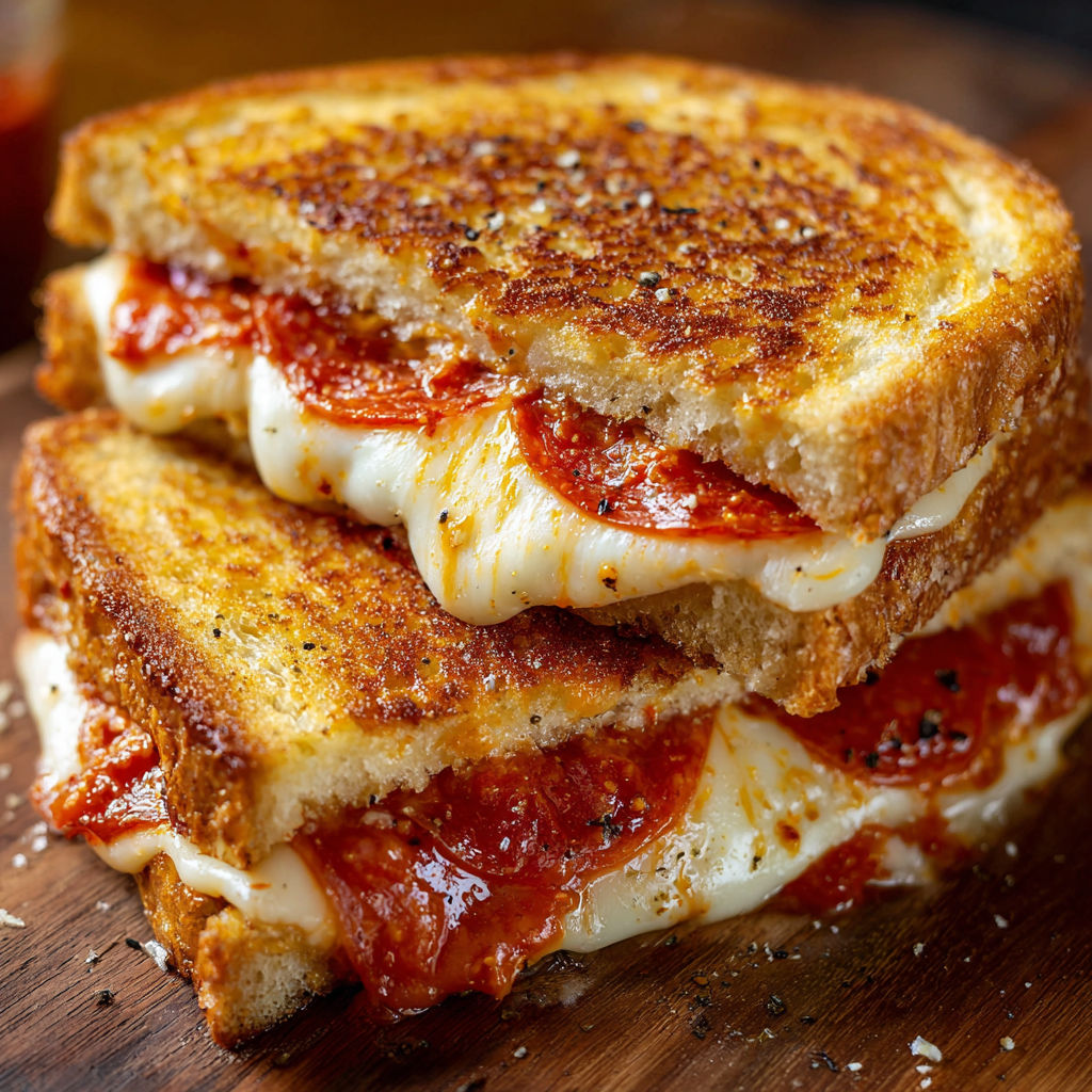 A close up of a grilled cheese sandwich with tomato sauce and pepperoni.