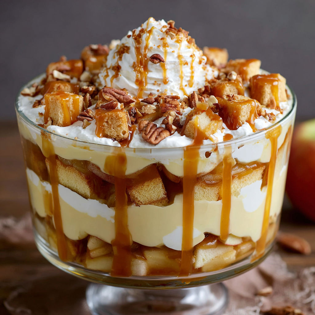 A delicious dessert, Caramel Apple Trifle, is presented in a glass bowl.
