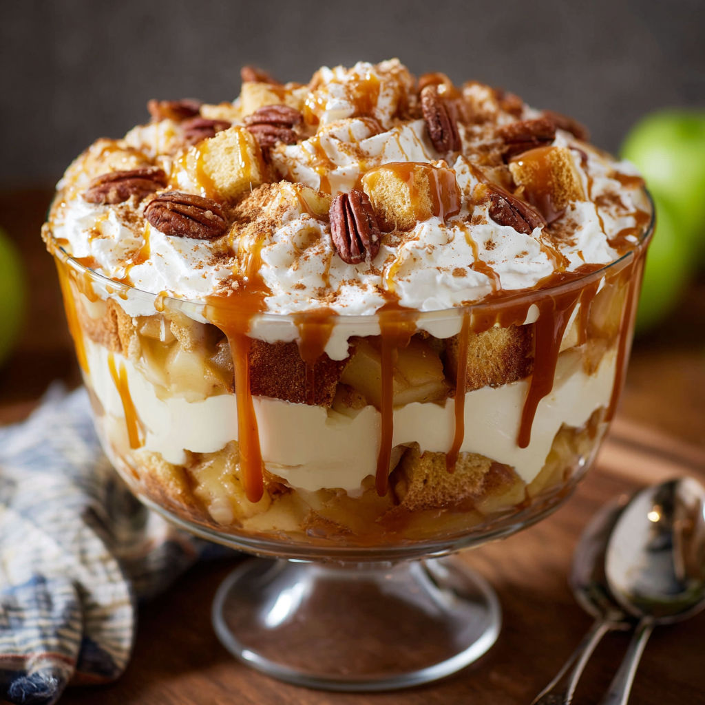 A glass bowl filled with a delicious dessert, possibly a caramel apple crumble, is placed on a wooden table.