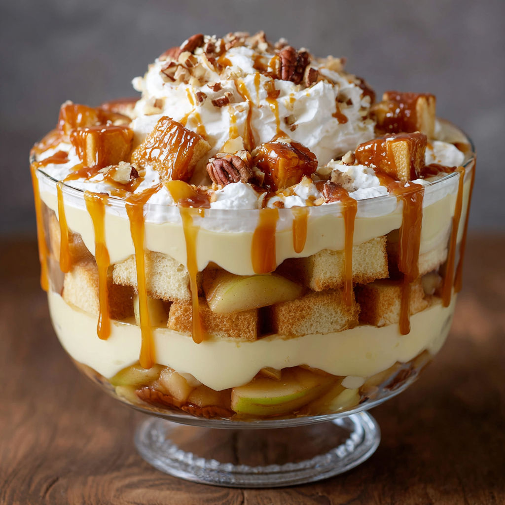 A delicious dessert in a glass bowl, topped with whipped cream and drizzled with caramel sauce.