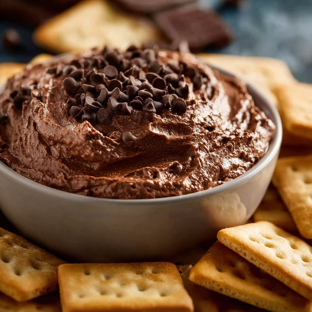 A bowl of chocolate dip with chocolate chips on top.