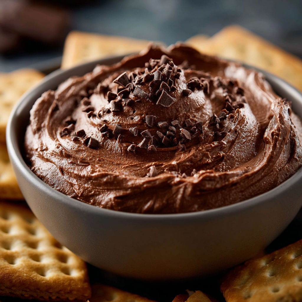 A bowl of chocolate fudge with chocolate chips on top.
