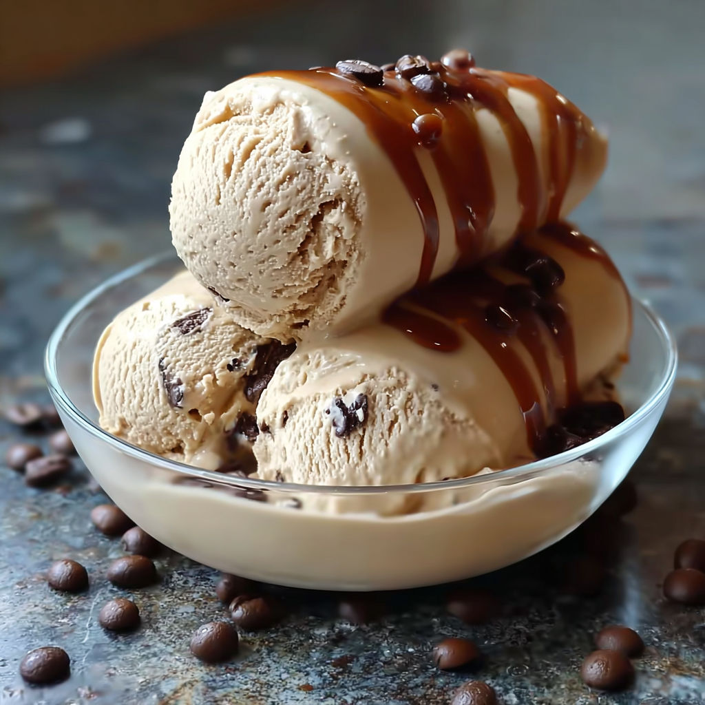 A bowl of ice cream with chocolate chips and caramel drizzle, reminiscent of a homemade coffee ice cream.